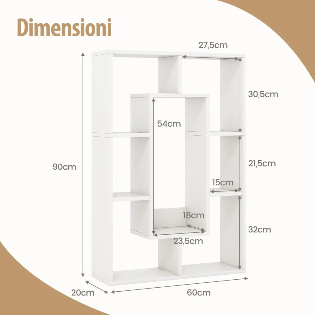 Libreria in Legno, Scaffale Aperto Geometrica a 7 Cubi, Scaffale da Esposizione con Dispositivo Anti-Ribaltamento, per Ufficio Soggiorno Camera da Letto, 60x20x90 cm (Bianco)