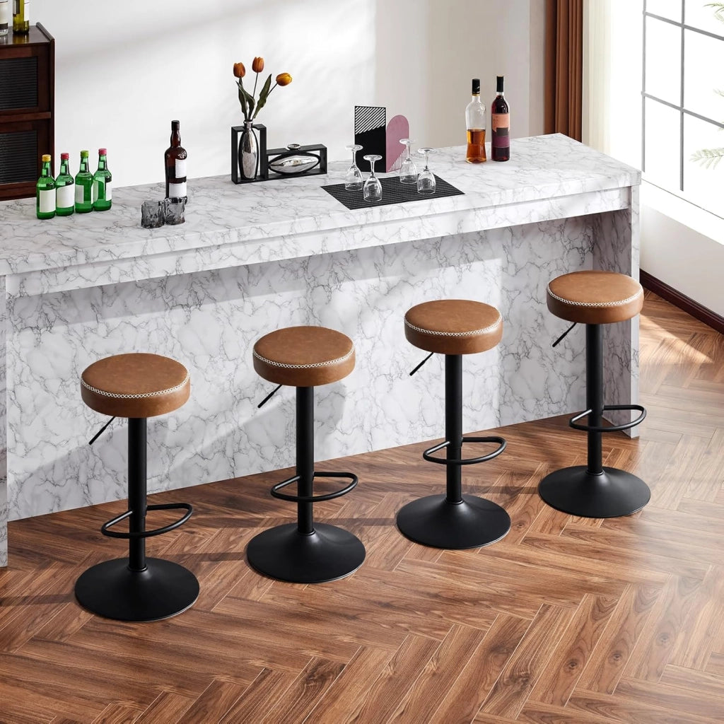 Set da 4 Sgabelli Alti da Bar, Sgabelli da Colazione Regolabile in Altezza, Sedie Imbottite Girevoli, in PU Vintage, Marrone