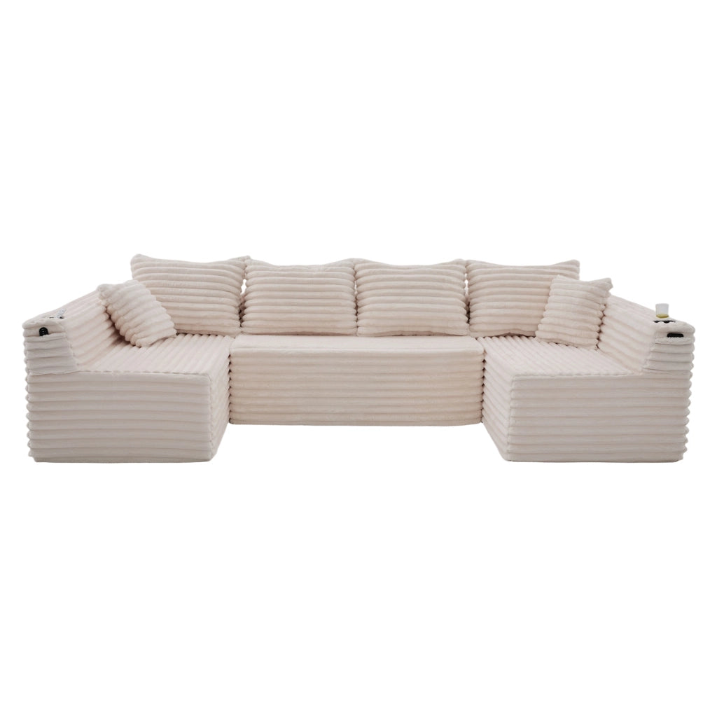 Divano modulare a U con portabicchieri e tasche laterali in corduroy beige