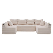 Divano modulare a U con portabicchieri e tasche laterali in corduroy beige
