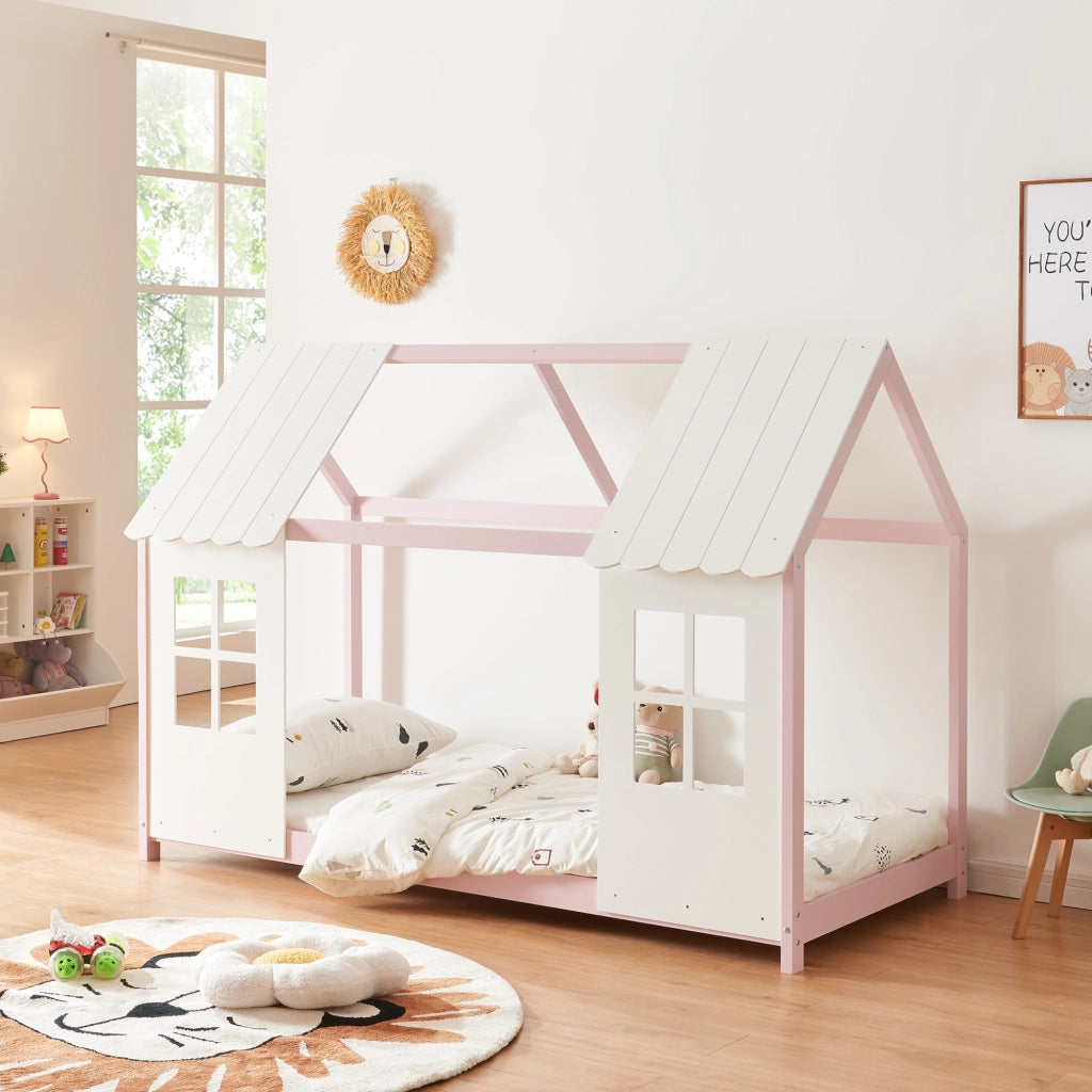 Letto Tostedt per Cameretta a Forma di Casetta Semiaperta 90 x 200 cm Rosa / Bianco [en.casa]