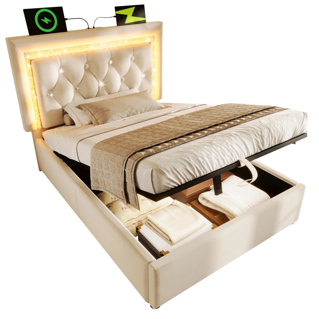 OKWISH Letto Singolo con Contenitore 90×200 cm con LED Regolabile, USB, Type C e Testiera, senza Materasso, in Velluto, Beige