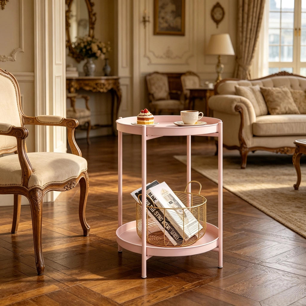 Tavolino basso rotondo con 2 ripiani metallici e vassoi rimovibili, stile moderno, per soggiorno, in metallo, rosa