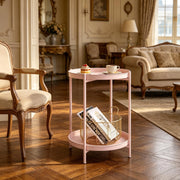 Tavolino basso rotondo con 2 ripiani metallici e vassoi rimovibili, stile moderno, per soggiorno, in metallo, rosa