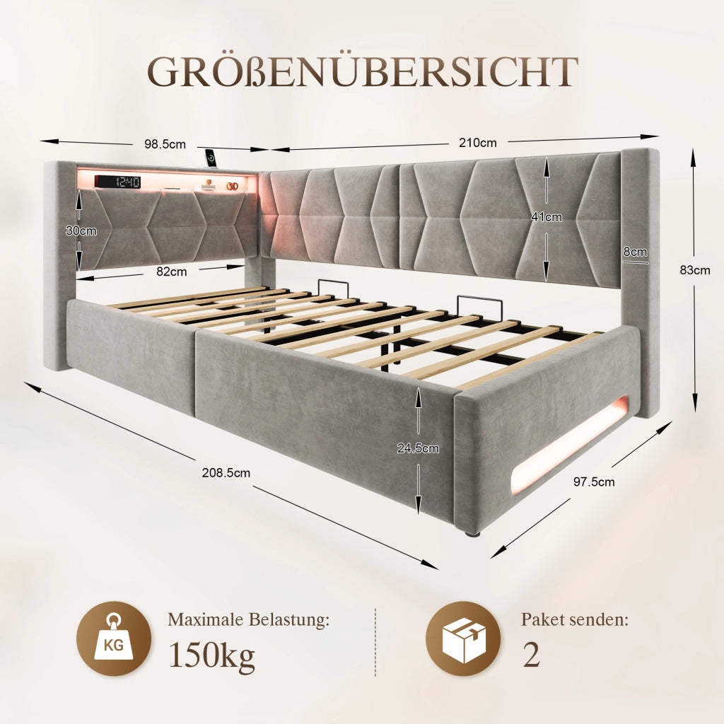 LETTO Contenitore 90x200 cm in velluto grigio scuro con LED, USB e Type-C
