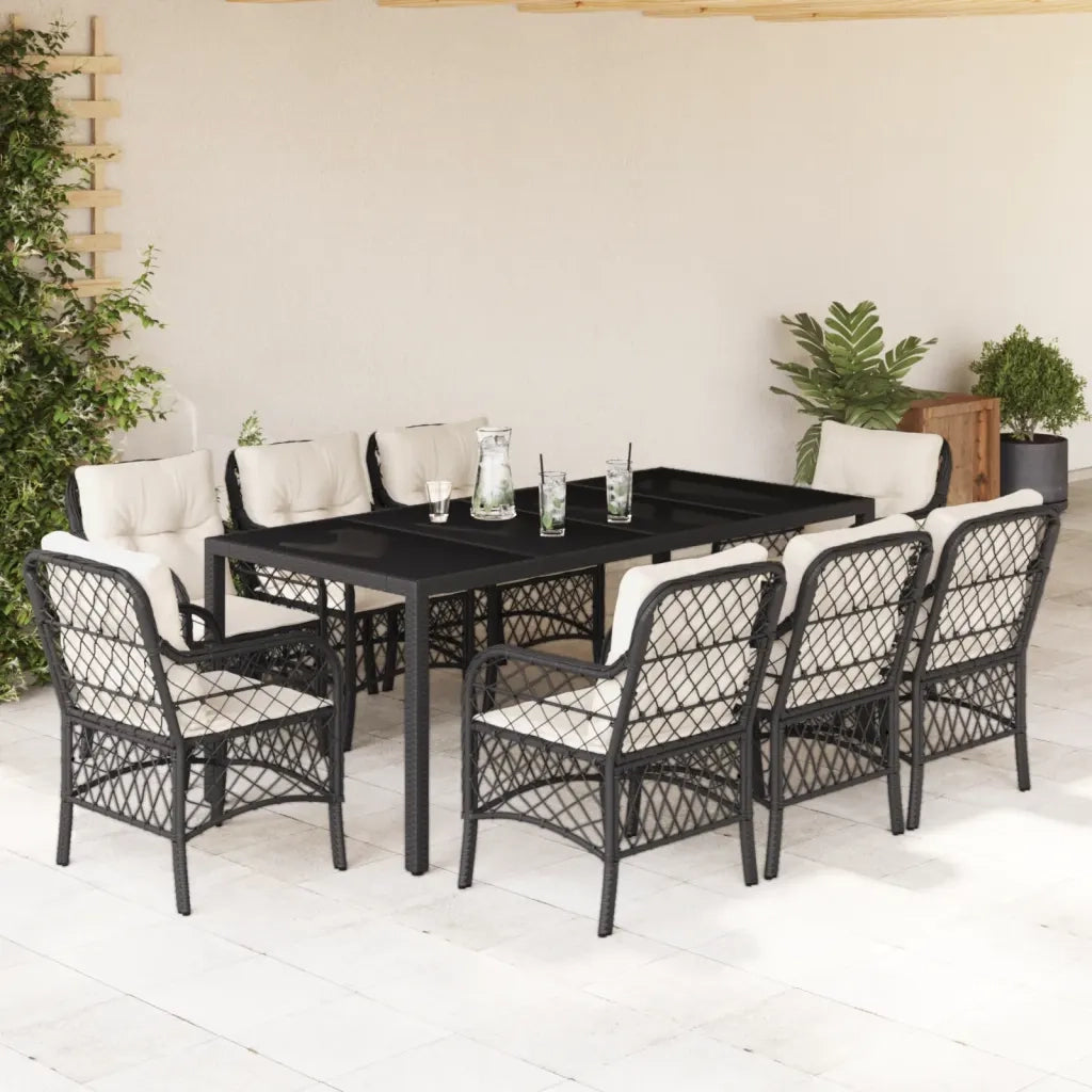 Set da Pranzo da Giardino 9 pz con Cuscini Nero in Polyrattancod mxl 90054