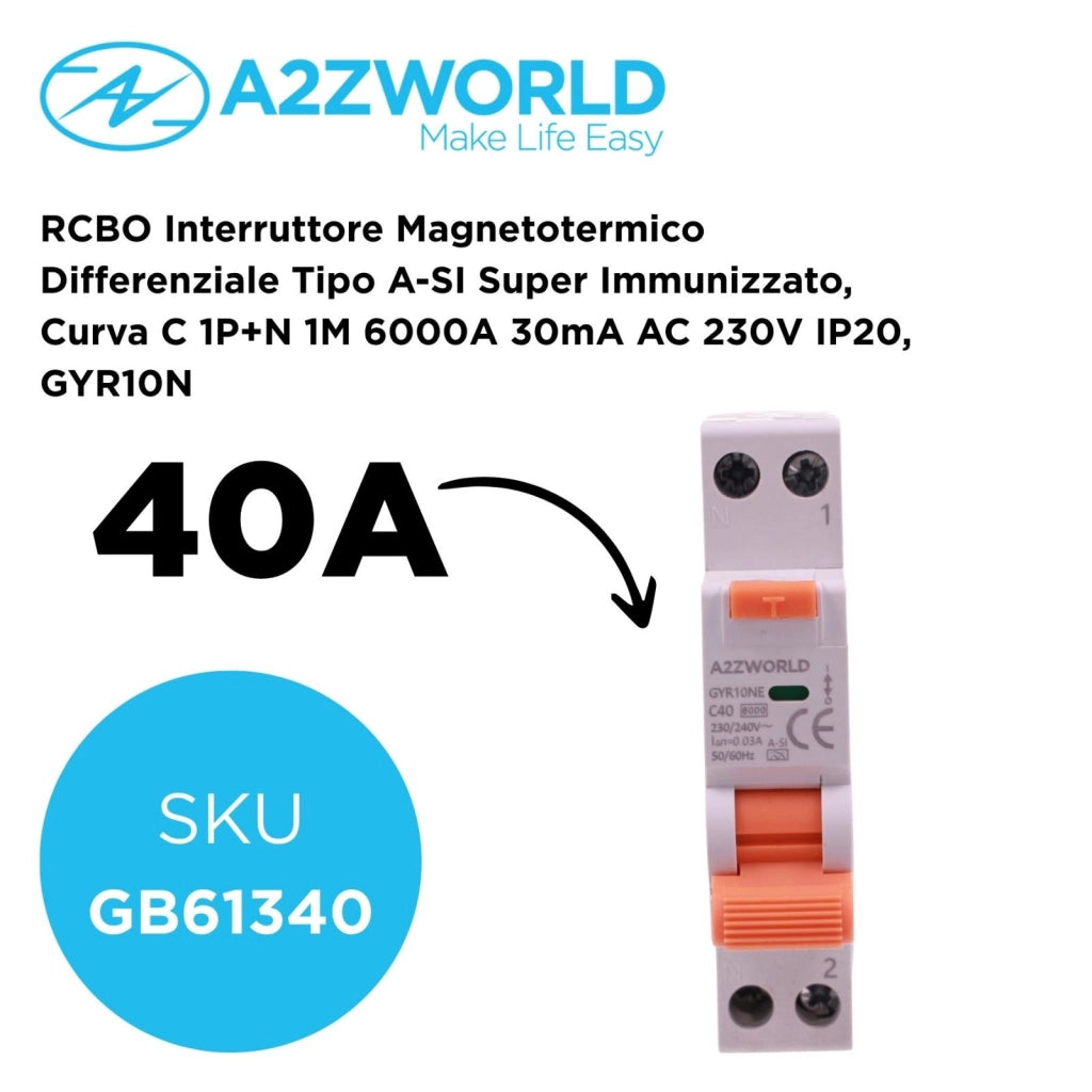 RCBO Interruttore Magnetotermico Differenziale Tipo A-SI Super Immunizzato, Curva C 1P+N 1M 6000A 30mA AC 230V IP20, GYR10N, Disponibili 6A 10A 16A 20A 25A 32A 40A (C40A)