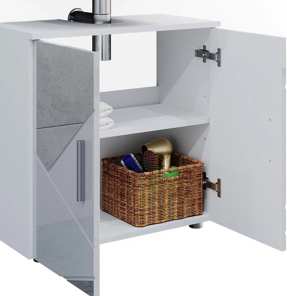 Set mobili bagno Irma, Bianco lucido con inserti, 80 cm, composto da mobile sottolavabo, specchiera e colonna alta
