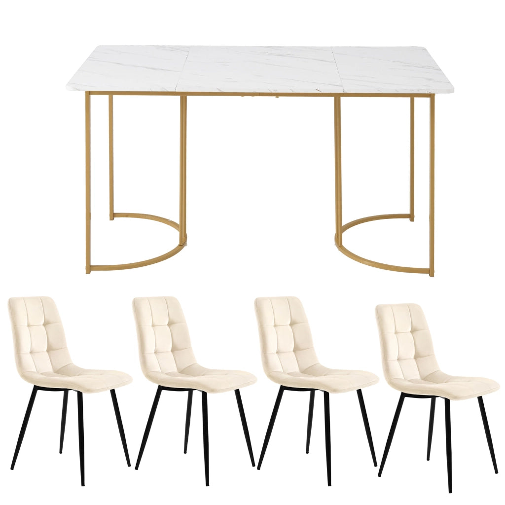 Tavolo da pranzo per 4 persone con 4 sedie piano effetto marmo gambe regolabili in MDF bianco 140 × 80 × 75 cm