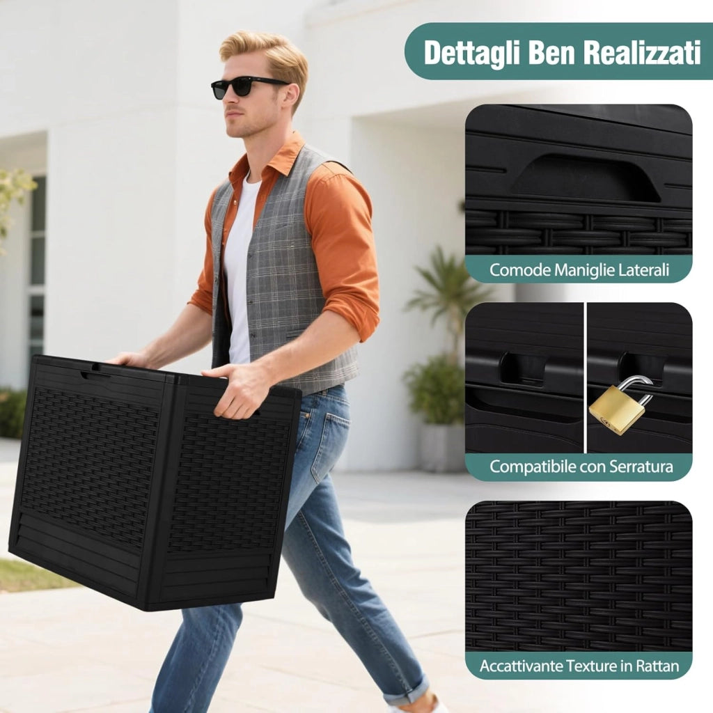 Baule da Esterno 96 L, Cassapanca Contenitore Impermeabile con Effetto Rattan, Coperchio Bloccabile e Maniglie, per Giardino, Patio e Piscina, 58 x 43,5 x 53 cm (Nero)
