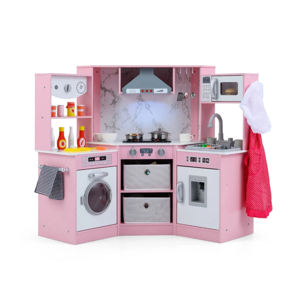 Cucina giocattolo in legno per bambini 102 x 51 x 85 cm con luci suoni e accessorio interattivo realizzata in MDF rosa 20_0017810