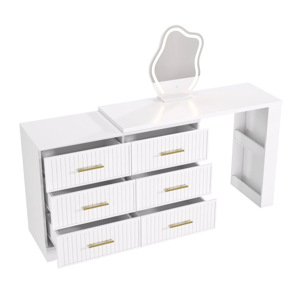 Toeletta girevole con specchio LED, design a L, bianco e oro, 110¡Á40¡Á129 cm