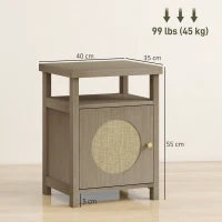 Comodino con Scaffale Aperto e Vano con Anta in Rattan, 40x35x55 cm, Legno Naturale