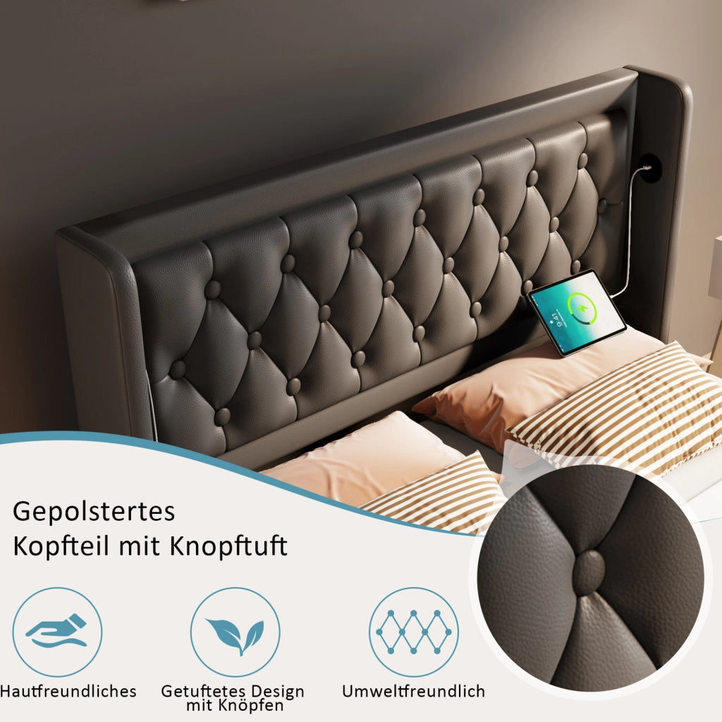 Letto matrimoniale 160x200 cm in PU nero con contenitore; LED a 3 lati e USB Type-C
