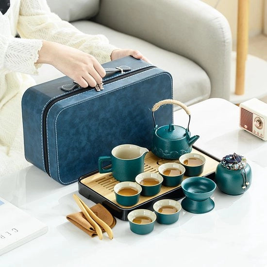 Set di Tè da Viaggio 14-delig - Teiera 230 ml - 6 Cucchiaini 45 ml - Portatile - Ceramica - Pulizia Facile - Set di Tè