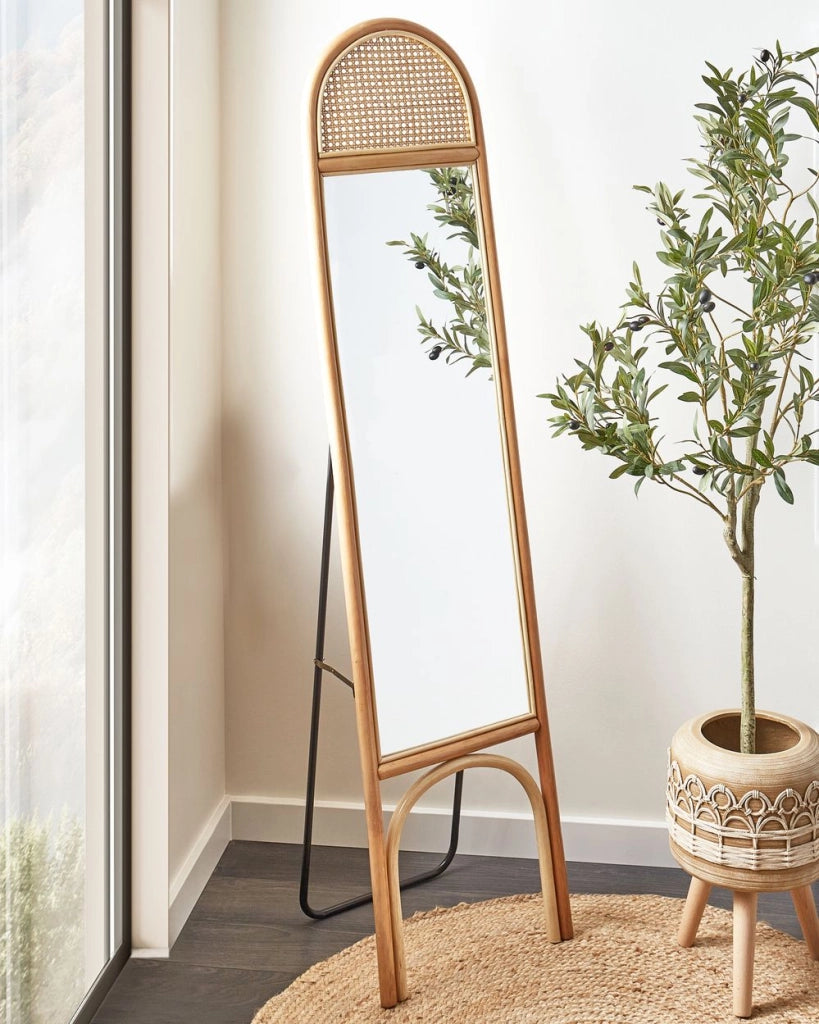 Elegante specchio da terra in rattan naturale tile boho 168x41 cm camera da letto soggiorno