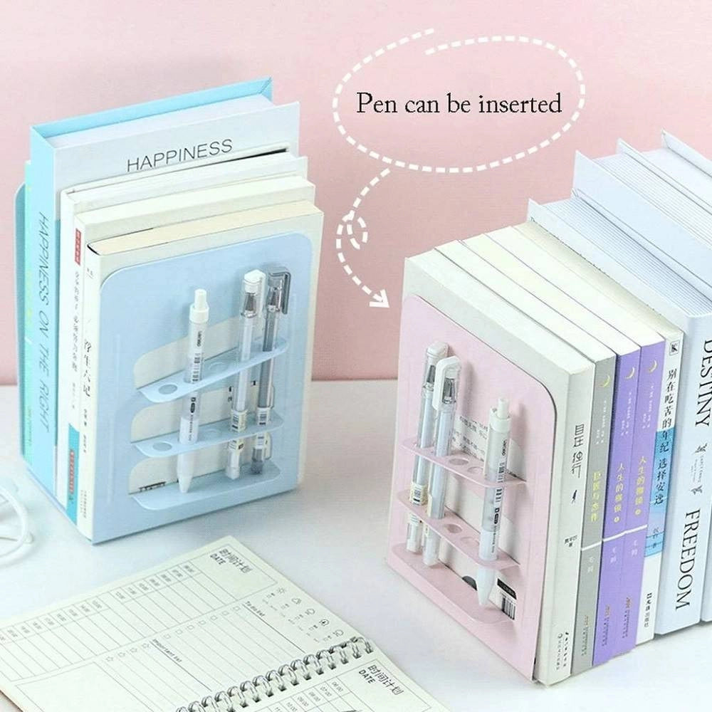 Trade Shop - Set 2 Pz Fermalibri In Metallo Con Portapenne Regolabili Libri Supporto Libreria -