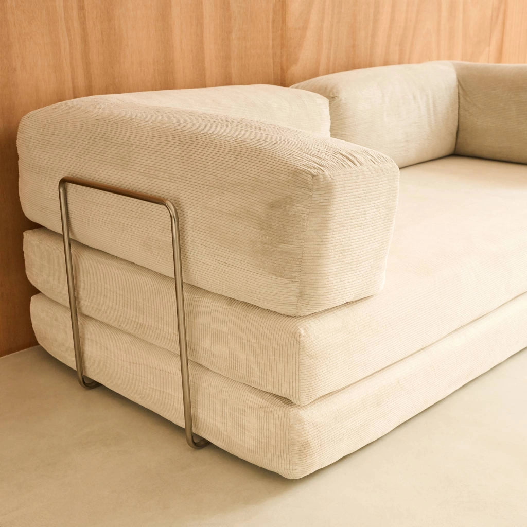 Divano letto futon in velluto a coste e struttura cromata, 3 posti,