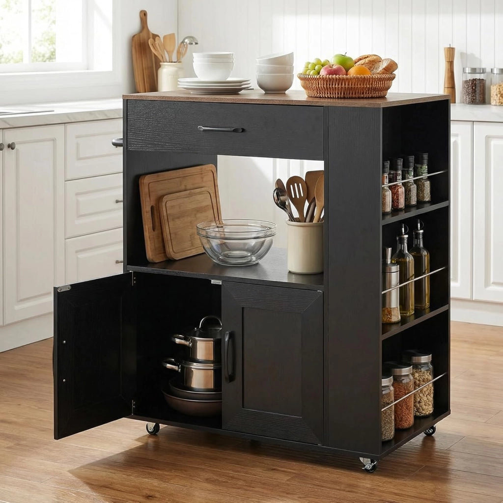 Carrello da cucina su ruote, isola da cucina con stazione di ricarica e piano di lavoro, carrello da portata mobile con cassetto, portaspezie, porta asciugamani, armadio da cucina 75 x 46 x