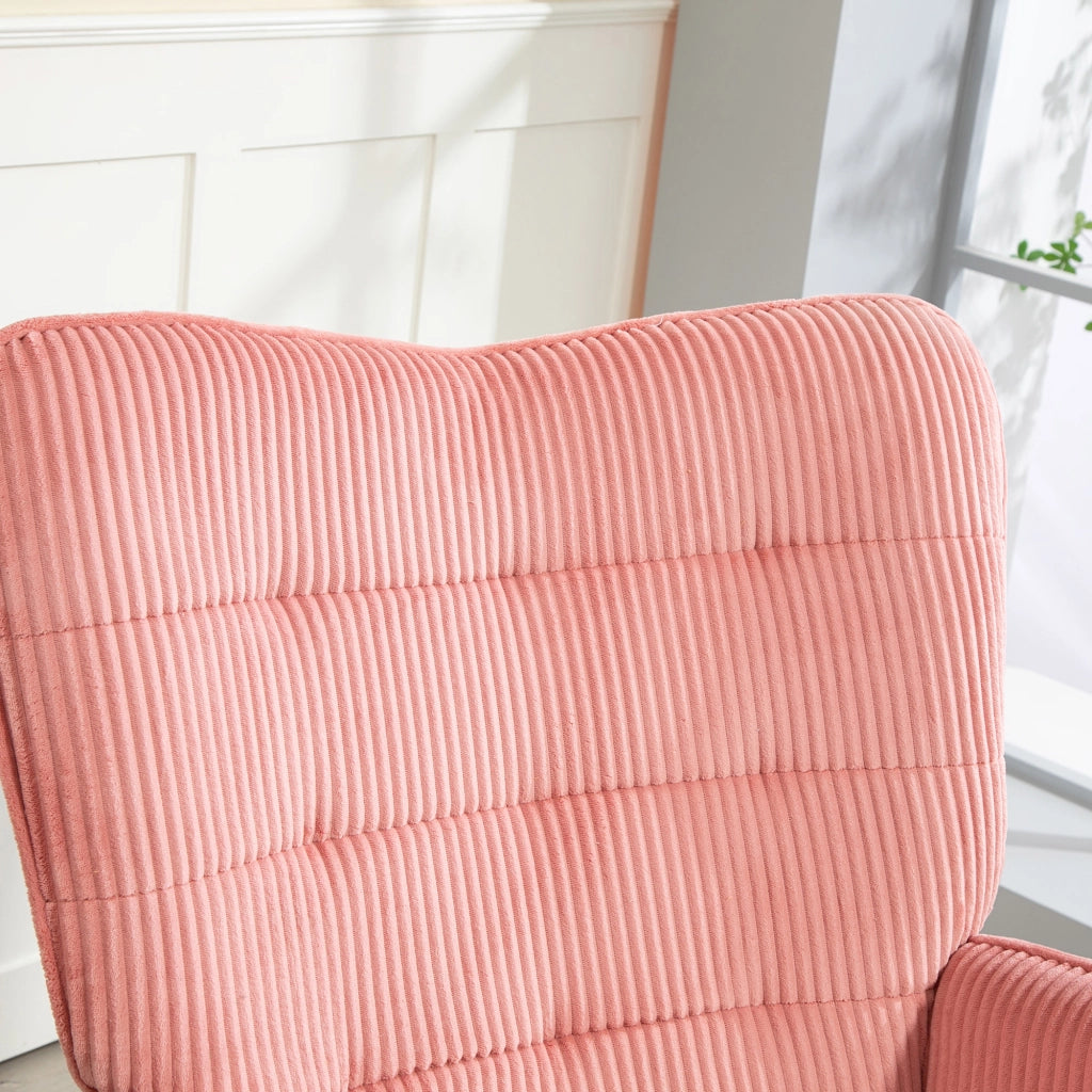 Poltrona a dondolo con braccioli e base in legno, in poliestere effetto corda rosa 98 × 71 × 101 cm