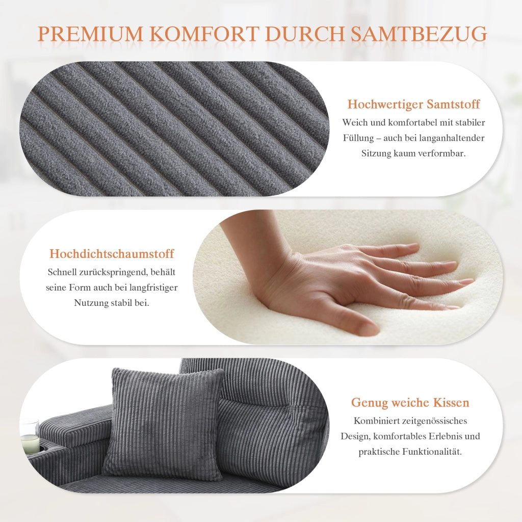 DIVANO 4 POSTI con chaise longue doppia, contenitore, USB-C, Corduroy Grigio Carbonio