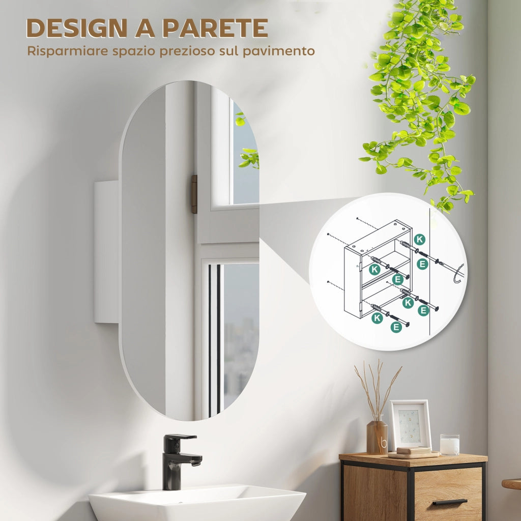 Specchio da Bagno Ovale 45x13,5x 90 cm con Armadietto in MDF Bianco