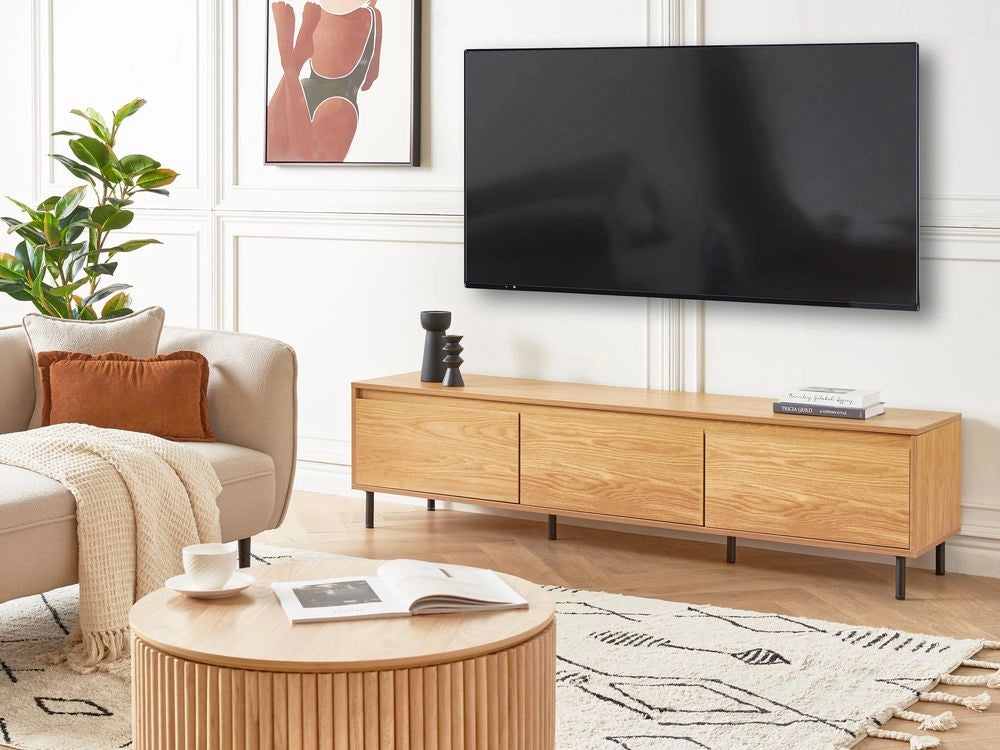 Porta TV in legno chiaro con gambe in metallo nero 180 x 40 x 43 cm Unità multimediale con 3 ante Moderno minimalista