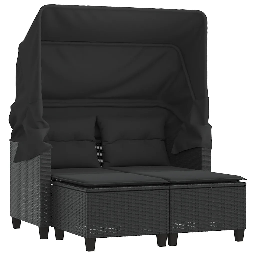 Divano Giardino 2 Posti Baldacchino e Sgabelli Nero Polyrattan 365781