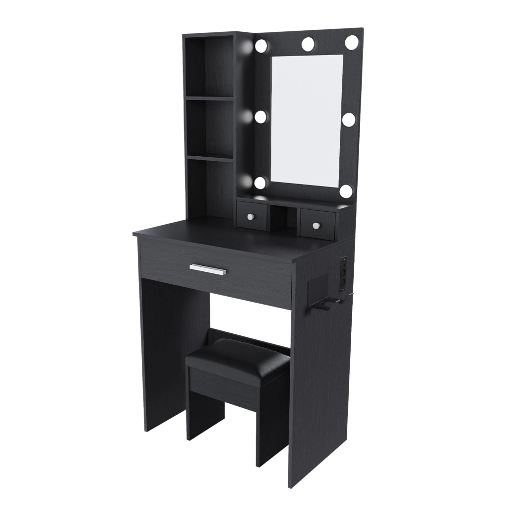Toeletta con specchio LED a 3 modalità; presa integrata; supporto asciugacapelli; MDF nero
