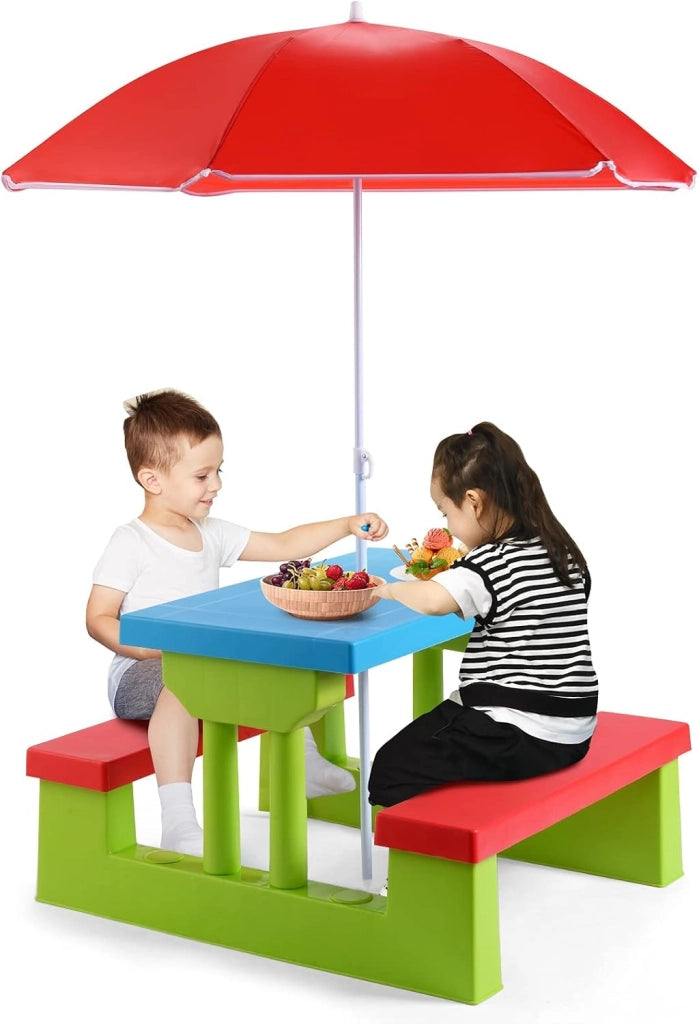 Tavolo da Picnic, Set di Tavolo e Sedie per Bambini con Parasole Pieghevole per Giardino/Terezzo/Parco, Bambini più di 3 Anni (Verde + Rosso + Blu)