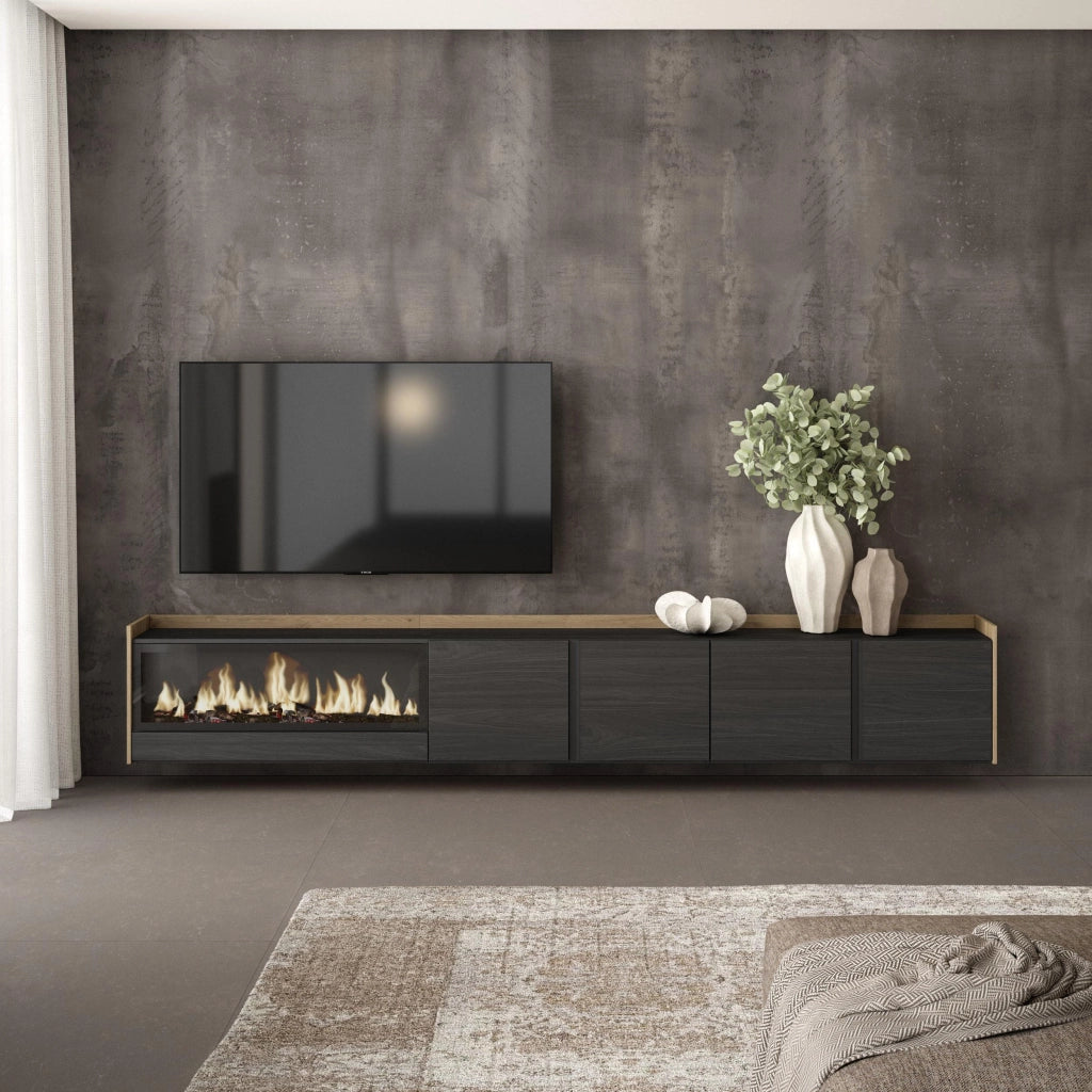 Mobile TV Soggiorno, 315x50x35 cm, Per TV fino a 80", Camino elettrico XXL, Sospeso, da appendere, Nero e rovere