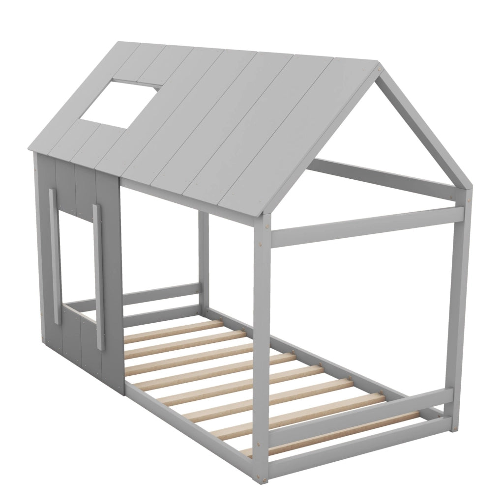 Letto per bambini 90x200 cm a forma di casa con tetto e finestra; legno; grigio
