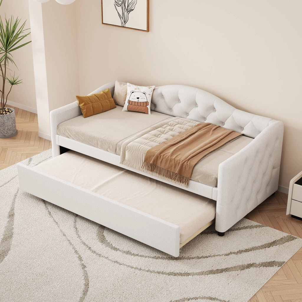 Divano letto allungabile di 90x200 cm colore beige rivestito in lino