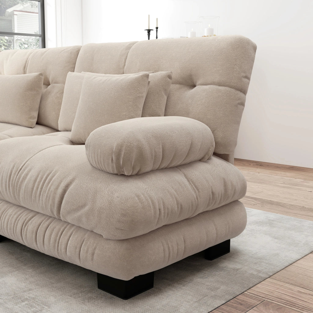Divano modulare con pouf mobili in ciniglia caffè chiaro