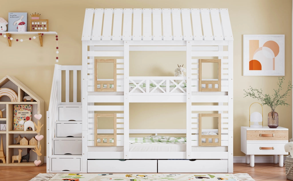 Letto a castello con protezione anticasco in legno massello e MDF 90x200 cm