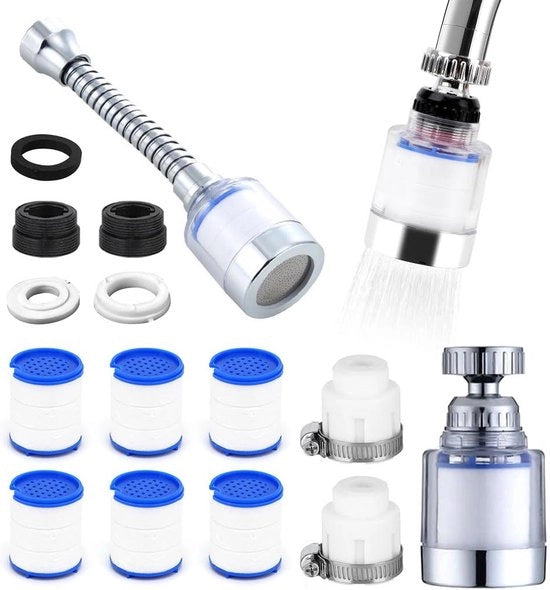 Filtro acqua 360° trasparente - 6 elementi filtranti in polipropilene - Adattatore universale - Filtraggio acqua potabile per cucina e bagno
