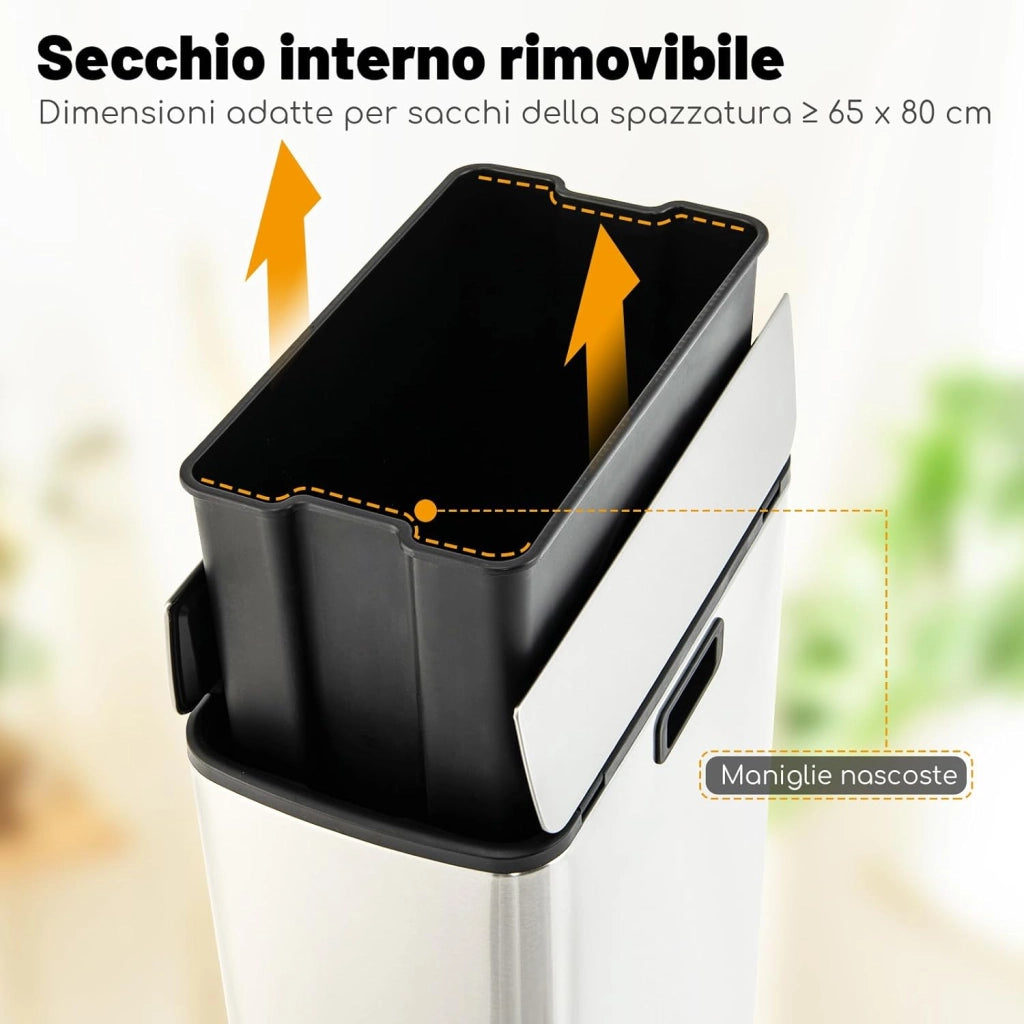 Bidone per Rifiuti in Acciaio Inox 46L, Cestino per Spazzatura con Ali a Bloccaggio Morbido e Secchio Interno Rimovibile, Bidone della Spazzatura a Pedale per Casa Ufficio