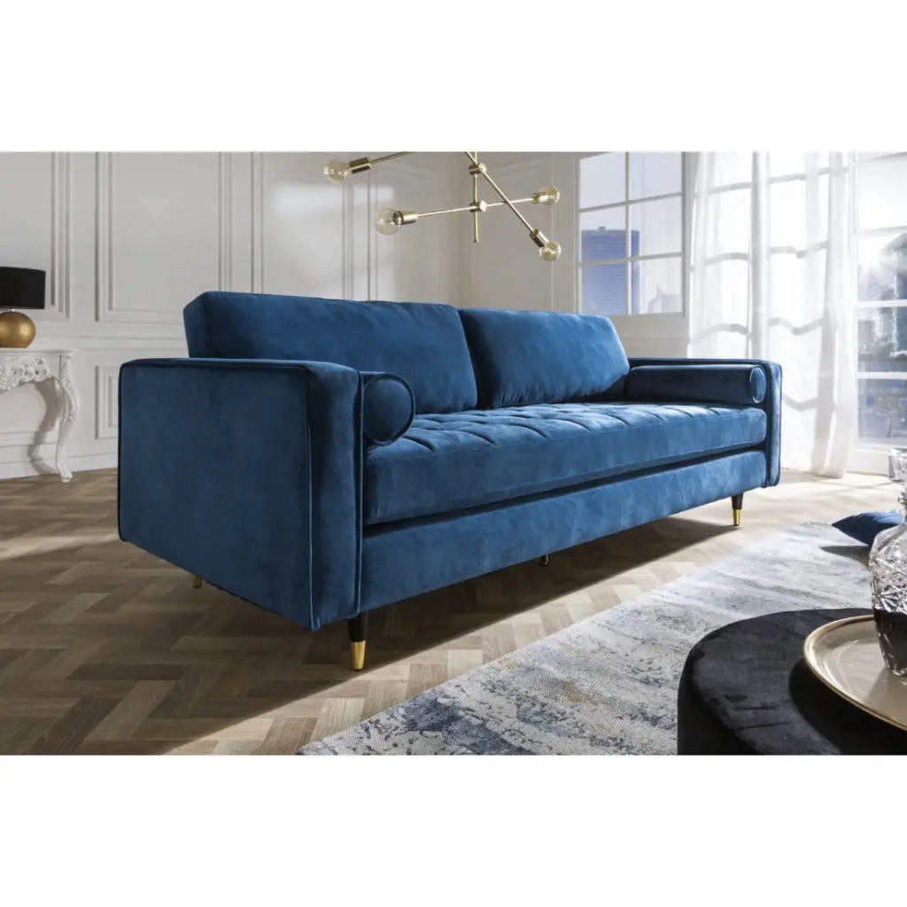 Divano KOLIRI 3 posti blu – Divano design in velluto con struttura in legno massiccio