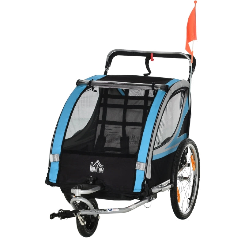 Rimorchio bici per bambini 2 in 1 blu con funzione passeggino, cintura a 5 punti e ruote da 20 pollici