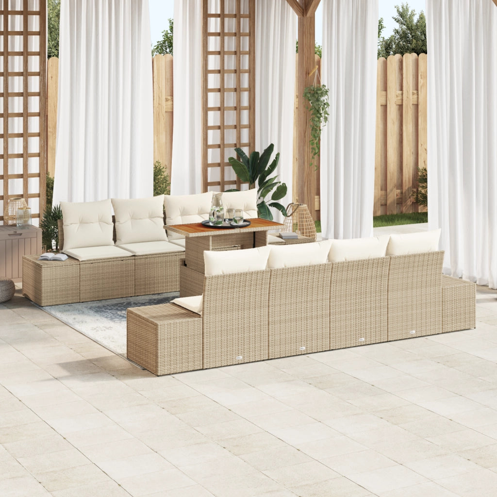 Set da pranzo da giardino 9 pezzi con cuscini beige in polyrattan e acacia