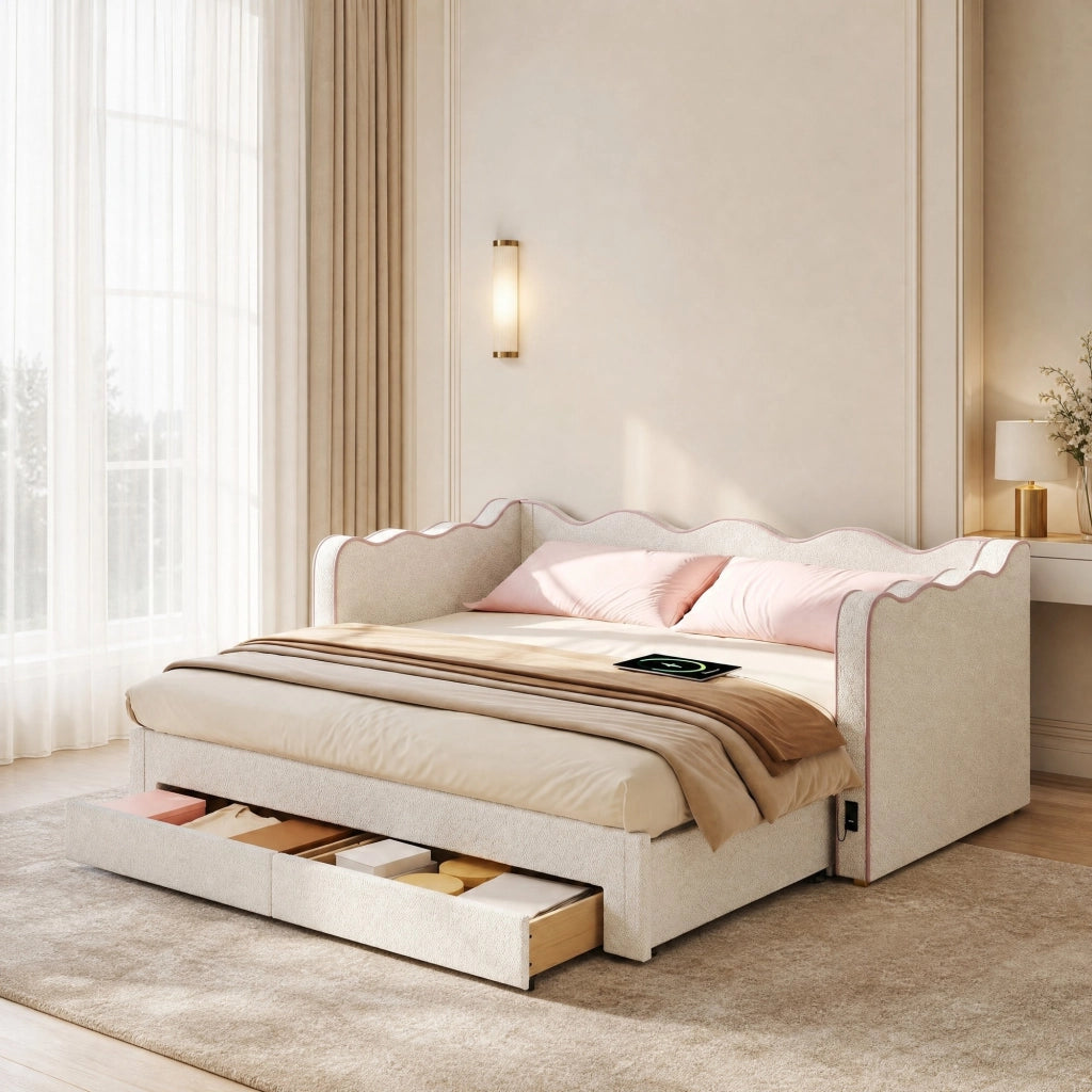 Letto daybed estraibile 90x200 cm con cassetti; USB e Type-C; bouclé beige