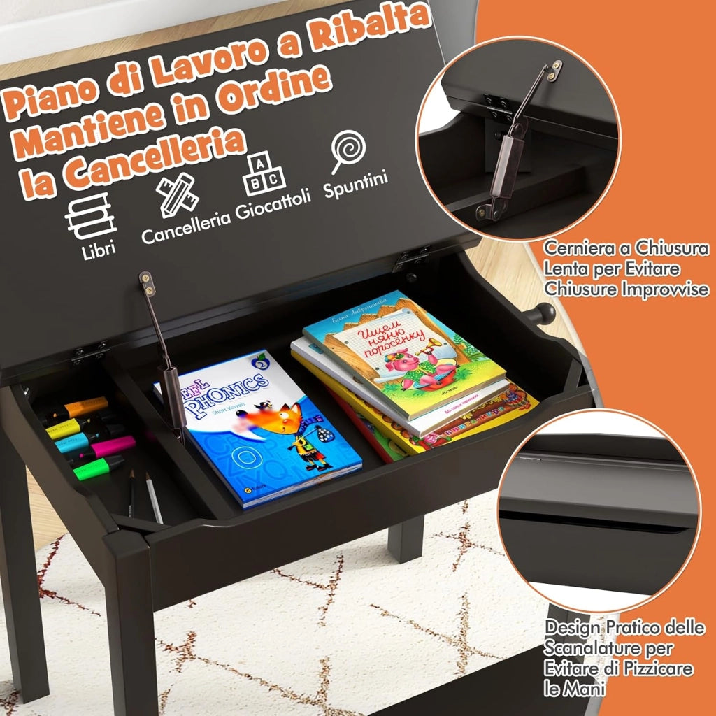 Set Tavolo e Sedia per Bambini, Scrivania Ribaltabile con Sedia per Bambini in Legno, con Cassetto e Gancio Estraibile, Bianco/Naturale (Nero)