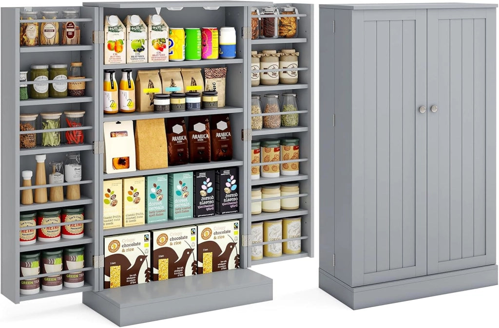 Credenza da cucina con 2 ante, armadio portaoggetti con 17 ripiani e ripiani regolabili, dispositivo antiribaltamento 59 x 30,5 x 103 cm, per cucina, ingresso, soggiorno (grigio)