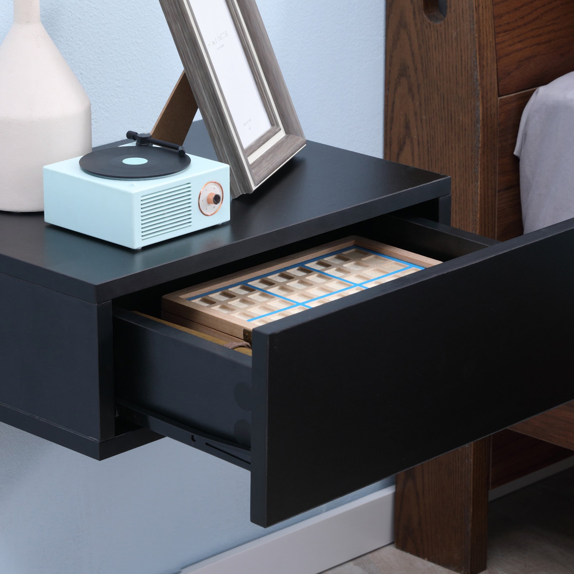 Set 2 Comodini Sospesi 1 Cassetto 40x30x15 cm in Legno Truciolare Nero