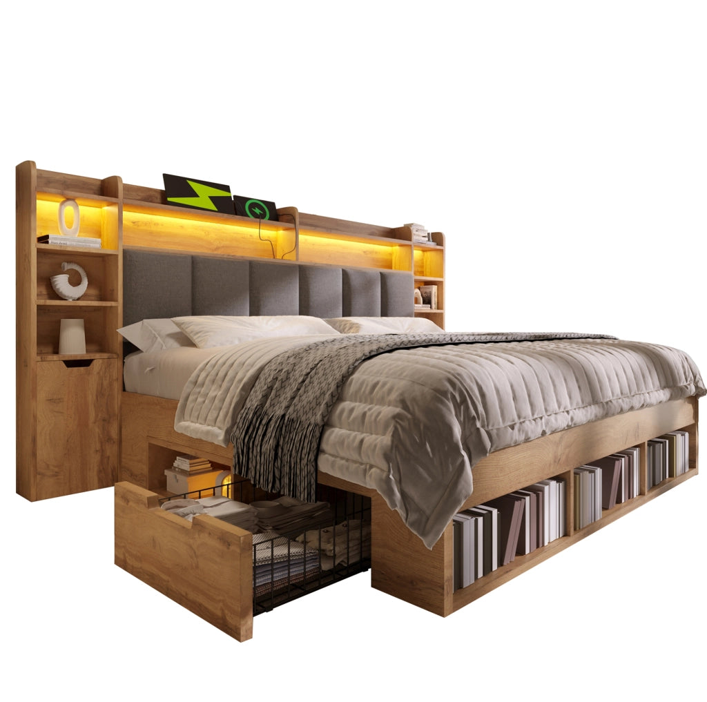 Letto matrimoniale 180x200 cm in finitura rovere con LED; prese USB e contenitore