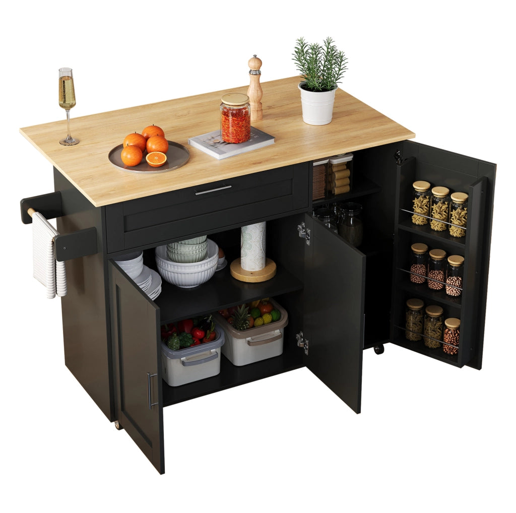 Carrello da cucina 132.5x44(70)x90 cm con piano di lavoro pieghevole; MDF; nero e naturale
