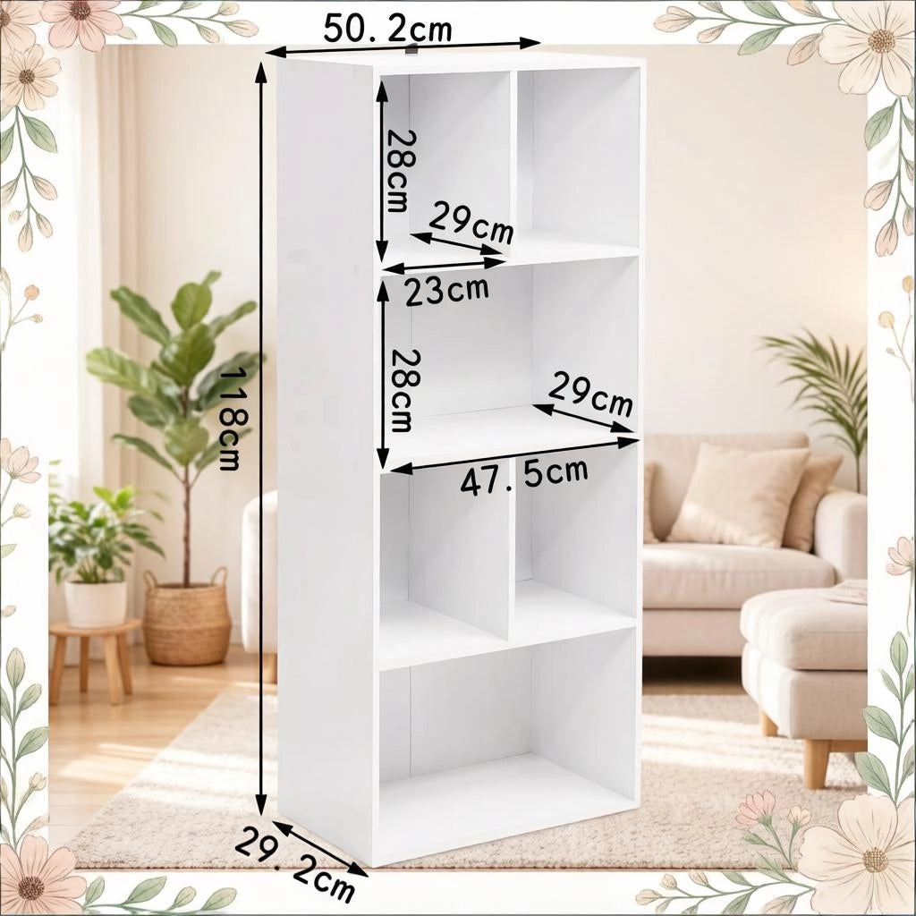 Libreria da terra bianca con 6 scomparti, struttura in MDF, 50 x 30 x 118 cm