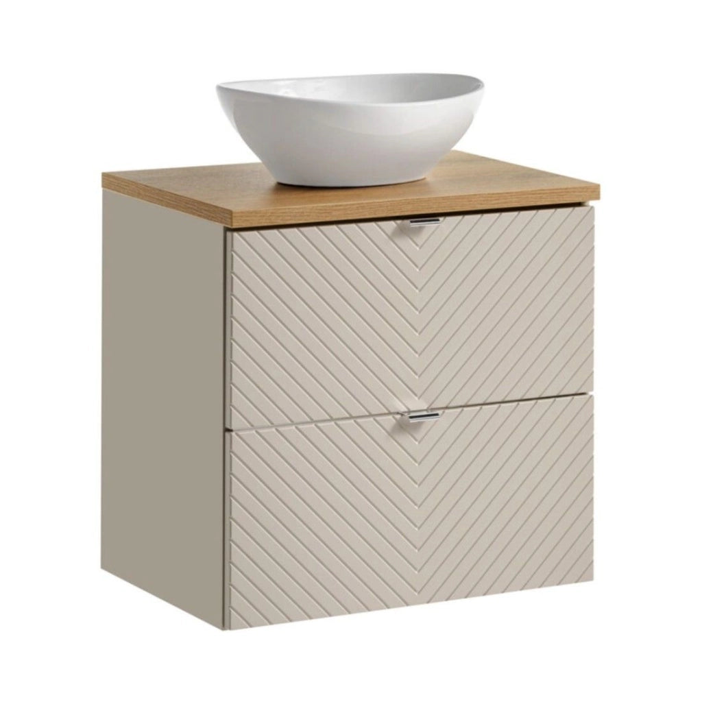 Set AOKI: mobile base con cassetti 60cm + piano lavabo in rovere + lavabo bianco rotondo da appoggio