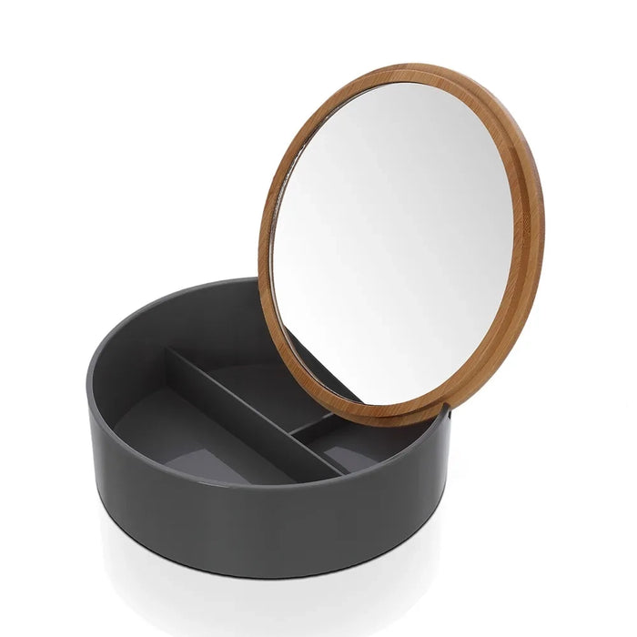 Porta trucchi da bagno tondo in plastica grigia e bambù completo di specchio