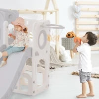 Scivolo Multifunzione 6-in-1 per Bambini con Rampa, Doppia Piattaforma, Armadietti, Canestro e Scala, in Polietilene ad Alta Densità, 174x150x95 cm - Scivolo da Giardino per Bambini, Grigio+Bianco
